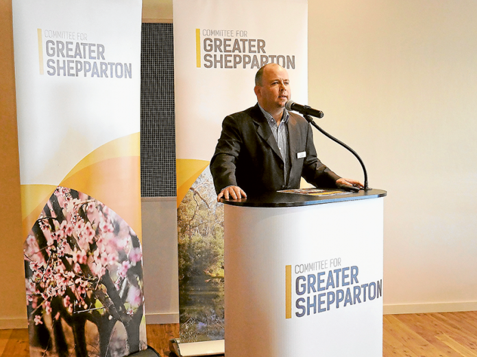 FIVE YEARS HELPING BUILD THE COMMUNITY… Committee for Greater Shepparton CEO, Sam Birrell addressing attendees at the committee’s fifth birthday celebrations on Wednesday last week. Photo: Supplied.