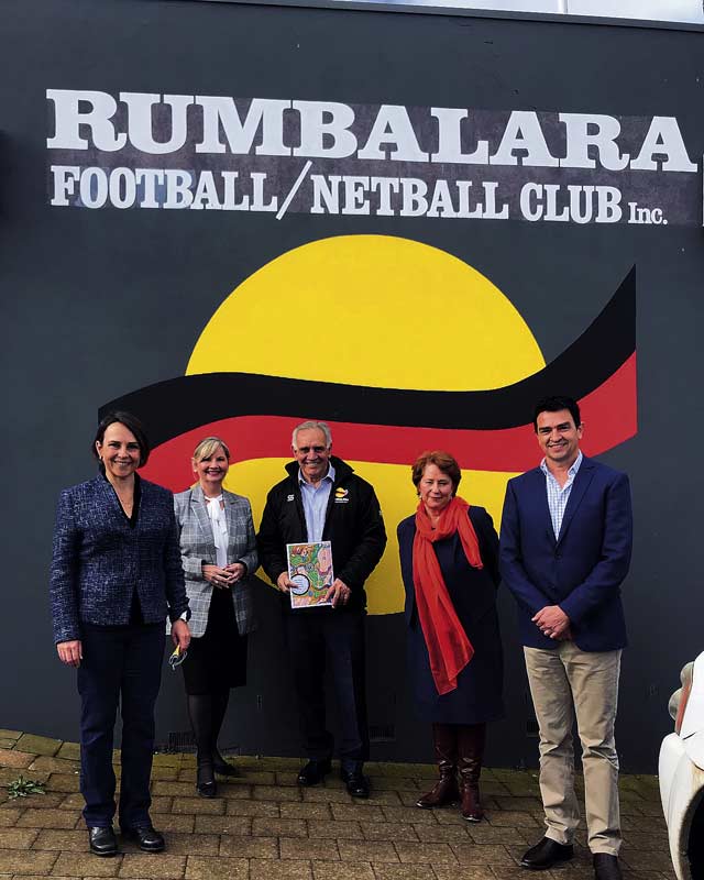 A STRONG FOUNDATION... Pictured Minister for Employment Jaala Pulford, Greater Shepparton Mayor Kim O’ Keeffe, Project Control Group Co-Chair Paul Briggs, Suzanna Sheed Independent MP for the District of Shepparton and Greater Shepparton Deputy Mayor Rob Priestly at Rumbalara Football Netball Club. Photo: Supplied.
