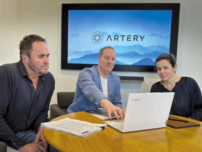 RETINUE FOR BUSINESS AND FOR LIFE... Whether you are starting or selling a business, managing insurances, dealing with tax, or whatever your needs in business or in life, Artery works together to help you cut through red tape. Pictured in the centre is Artery chairman Nathan Goodall with two clients. Photo: Supplied