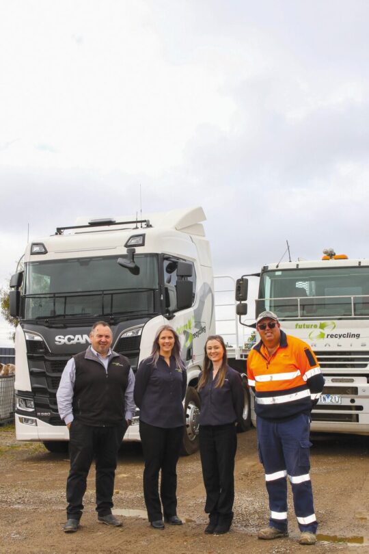 LOCALS BACKING LOCALS... Future Recyling continues to look for new sustainable initiatives and grow the business, their footprint and reach across the region. Pictured, Future Recycling branch manager Daniel Thewma, administration assistants Kirsty Argentino and Ebony Wilson, with leading hand James Legge. Photo: Kelly Carmody