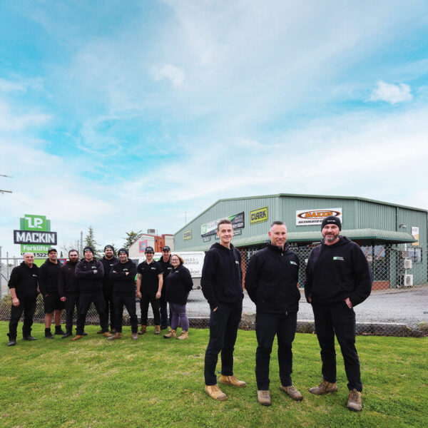 YEARS OF STANDOUT SERVICE...L & P Mackin Forklifts are one of the region's most established forklift service, repair, spare parts and sales companies. Pictured in front with the rest of the team is service manager Shane Tolliday with director Jarrod Mackin and workshop manager Darren Priestly. Photo: Kelly Carmody