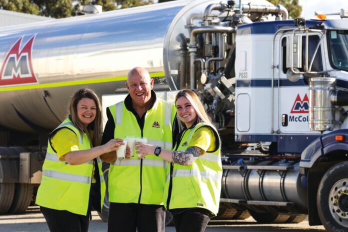 CHEERS TO MILK... 20 percent of all the milk produced in Australia is transported by McColl's, making them the nation's largest independent farm milk collection and milk linehaul business. Pictured from left, McColls Transport parts and continuous improvement employee Jessie Reid with operations manager Darren Young and fleet improvement analyst Taylah Heinrich. Photo: Kelly Carmody